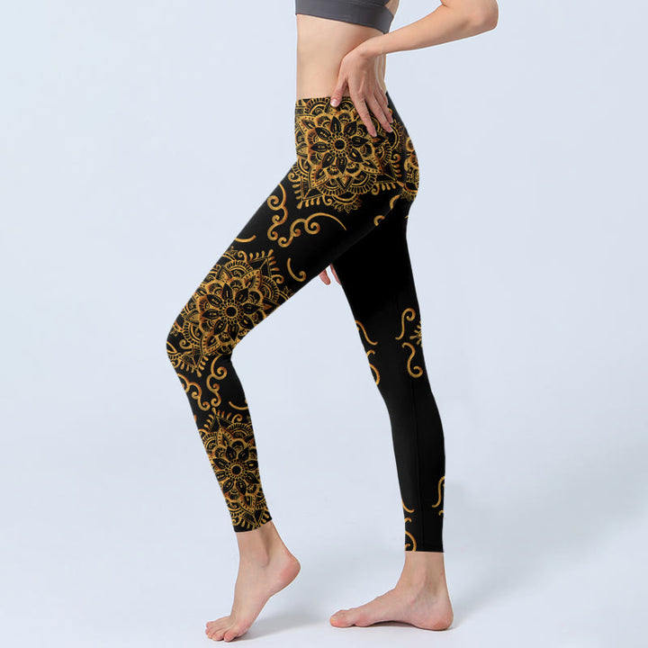 Leggings de sport à imprimé fleurs mandala doré et Buddha Stones pour femme - image 3