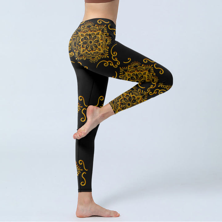 Leggings de sport à imprimé fleurs mandala doré et Buddha Stones pour femme - image 3