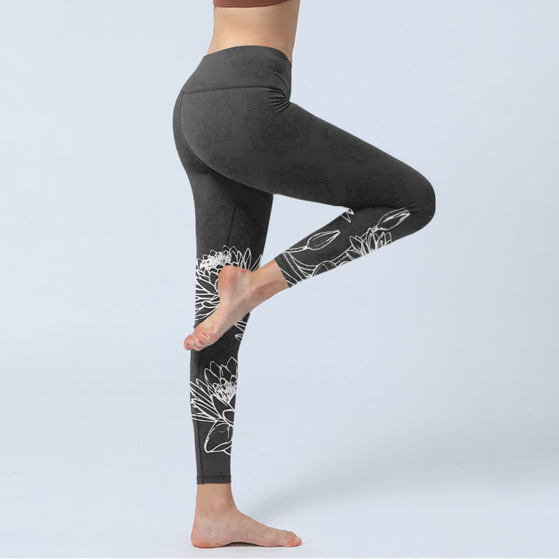 Leggings de sport à imprimé Buddha Stones , motif fleurs de lotus et feuilles, pantalons de yoga pour femmes - image 3
