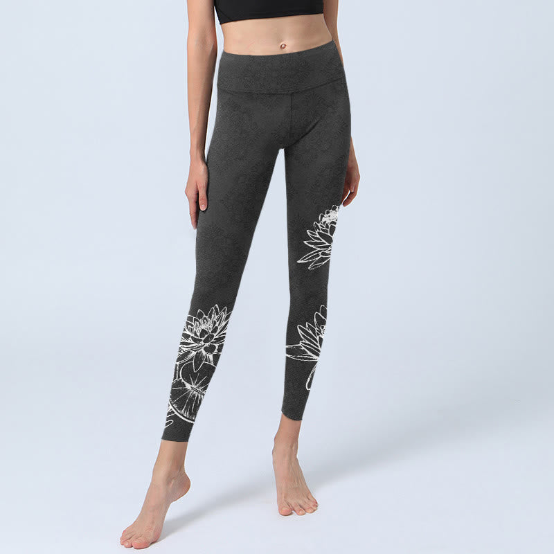 Leggings de sport à imprimé Buddha Stones , motif fleurs de lotus et feuilles, pantalons de yoga pour femmes - image 6