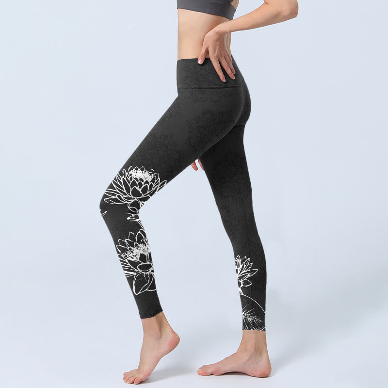Leggings de sport à imprimé Buddha Stones , motif fleurs de lotus et feuilles, pantalons de yoga pour femmes - image 2