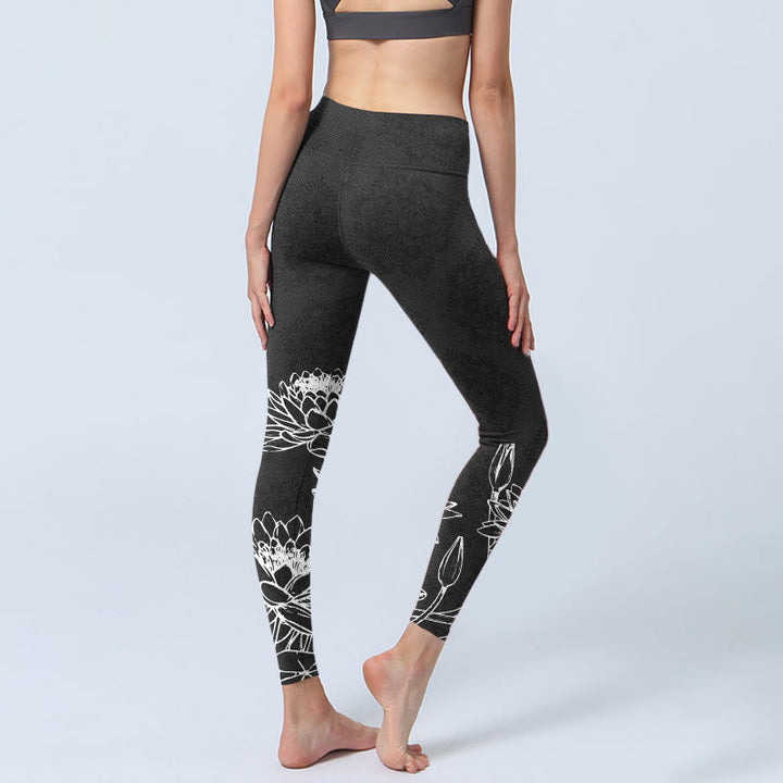 Leggings de sport à imprimé Buddha Stones , motif fleurs de lotus et feuilles, pantalons de yoga pour femmes - image 4