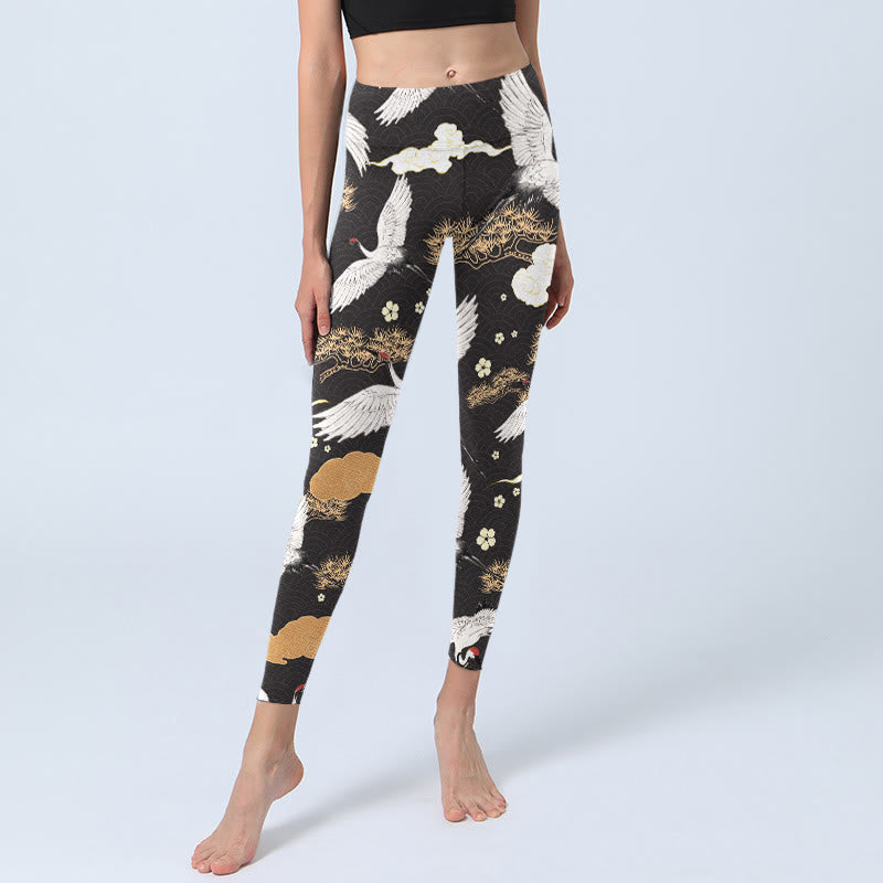 Leggings de sport imprimés Buddha Stones, grues à couronne rouge et blanches, pins dorés, pantalons de yoga pour femmes - image 6