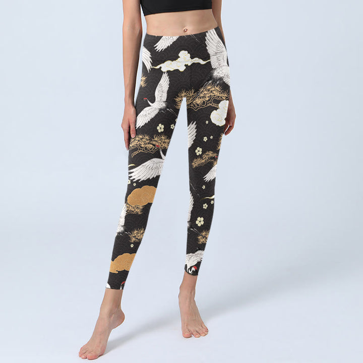 Leggings de sport imprimés Buddha Stones, grues à couronne rouge et blanches, pins dorés, pantalons de yoga pour femmes - image 6