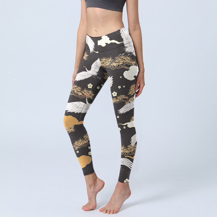 Leggings de sport imprimés Buddha Stones, grues à couronne rouge et blanches, pins dorés, pantalons de yoga pour femmes - Noir - US18，UK/AU22，EU50 (4XL) - image 1