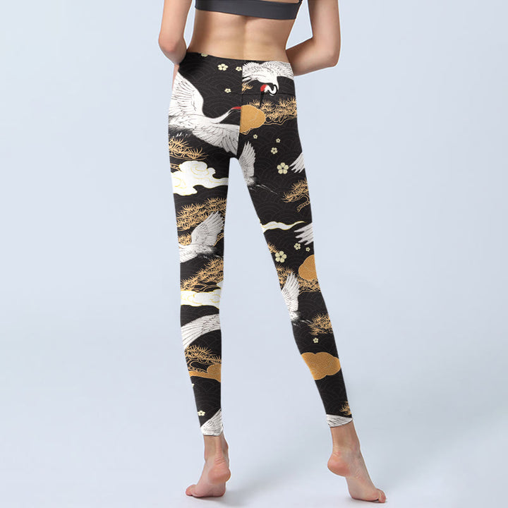 Leggings de sport imprimés Buddha Stones, grues à couronne rouge et blanches, pins dorés, pantalons de yoga pour femmes - image 7