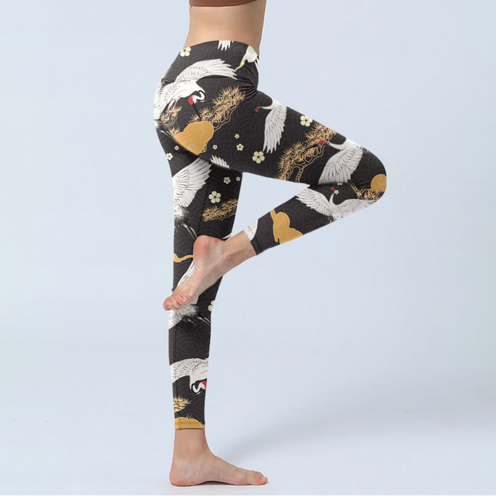 Leggings de sport imprimés Buddha Stones, grues à couronne rouge et blanches, pins dorés, pantalons de yoga pour femmes - image 4