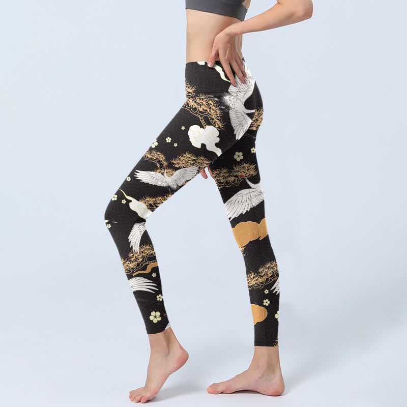 Leggings de sport imprimés Buddha Stones, grues à couronne rouge et blanches, pins dorés, pantalons de yoga pour femmes - image 3