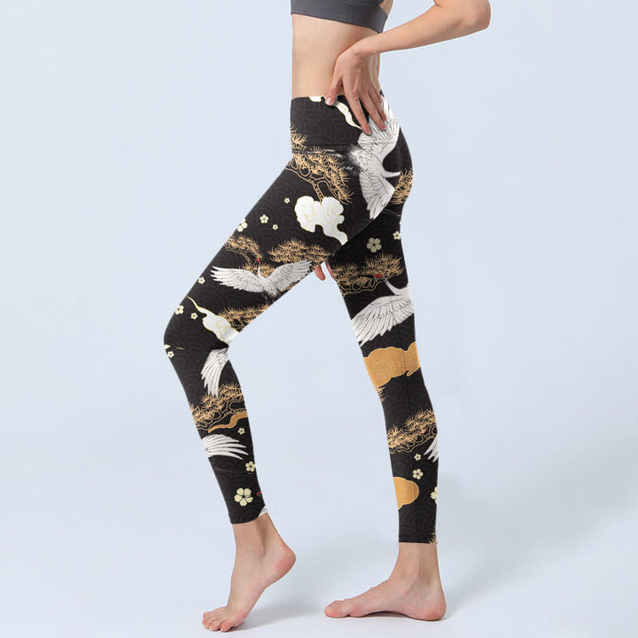 Leggings de sport imprimés Buddha Stones, grues à couronne rouge et blanches, pins dorés, pantalons de yoga pour femmes - image 3