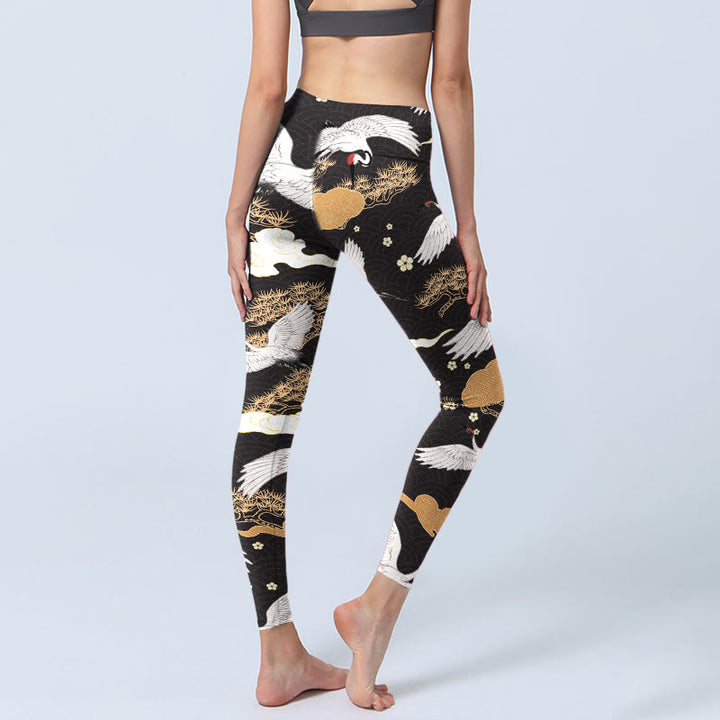Leggings de sport imprimés Buddha Stones, grues à couronne rouge et blanches, pins dorés, pantalons de yoga pour femmes - image 5