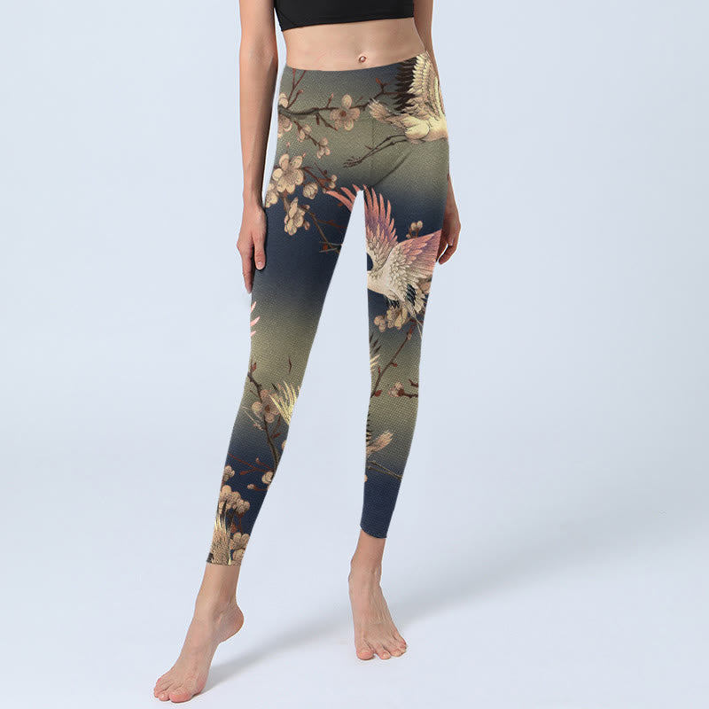Leggings de sport à imprimé Buddha Stones White Crane et branches en fleurs blanches pour femme - image 6