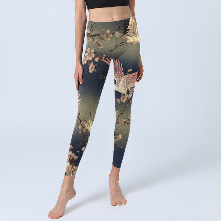 Leggings de sport à imprimé Buddha Stones White Crane et branches en fleurs blanches pour femme - image 5