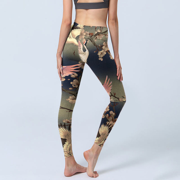 Leggings de sport à imprimé Buddha Stones White Crane et branches en fleurs blanches pour femme - image 4