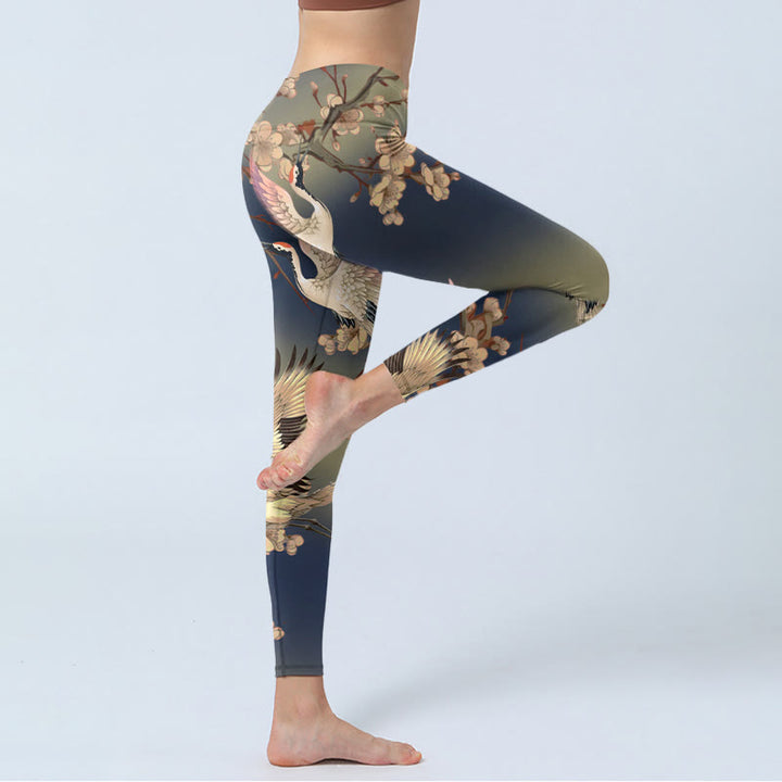Leggings de sport à imprimé Buddha Stones White Crane et branches en fleurs blanches pour femme - image 3