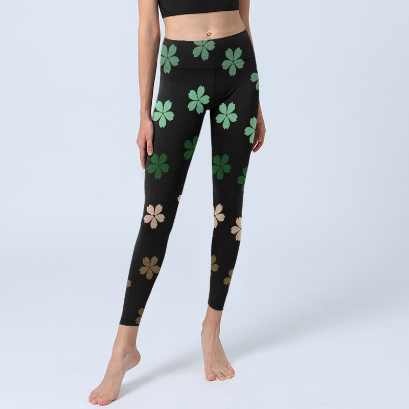 Leggings de sport à imprimé fleurs à cinq pétales vert et rose Buddha Stones pour femme - image 6