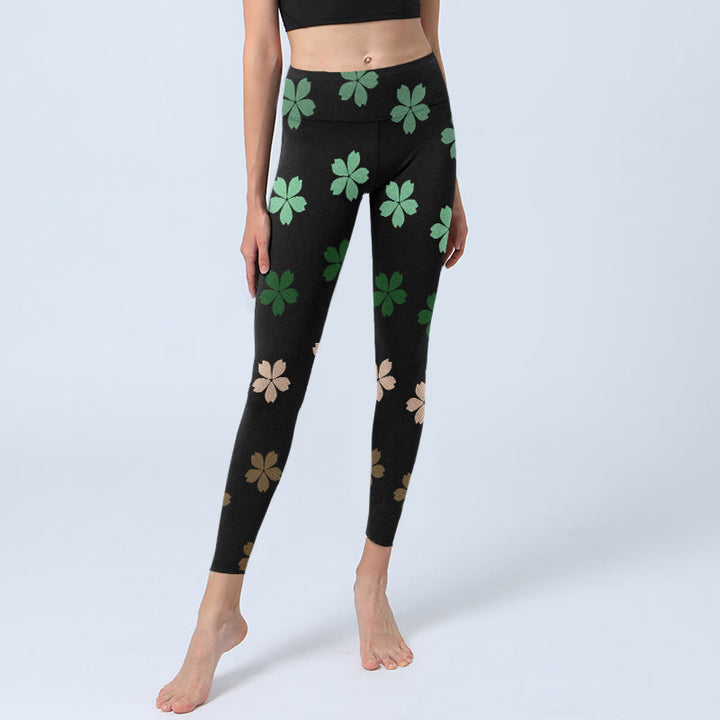 Leggings de sport à imprimé fleurs à cinq pétales vert et rose Buddha Stones pour femme - image 6