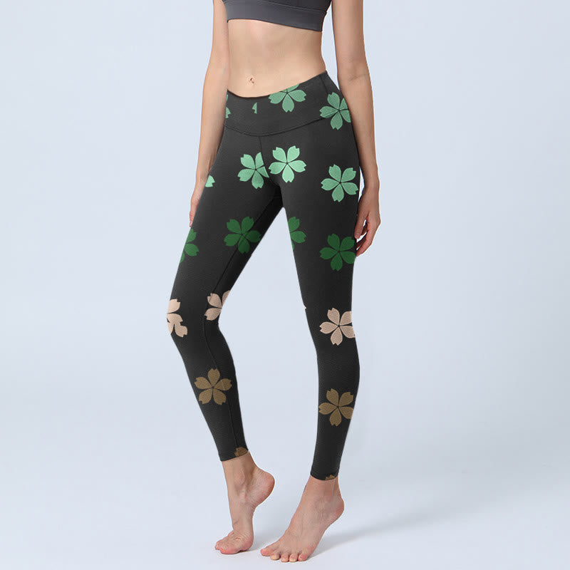 Leggings de sport à imprimé fleurs à cinq pétales vert et rose Buddha Stones pour femme - Noir - US18，UK/AU22，EU50 (4XL) - image 1
