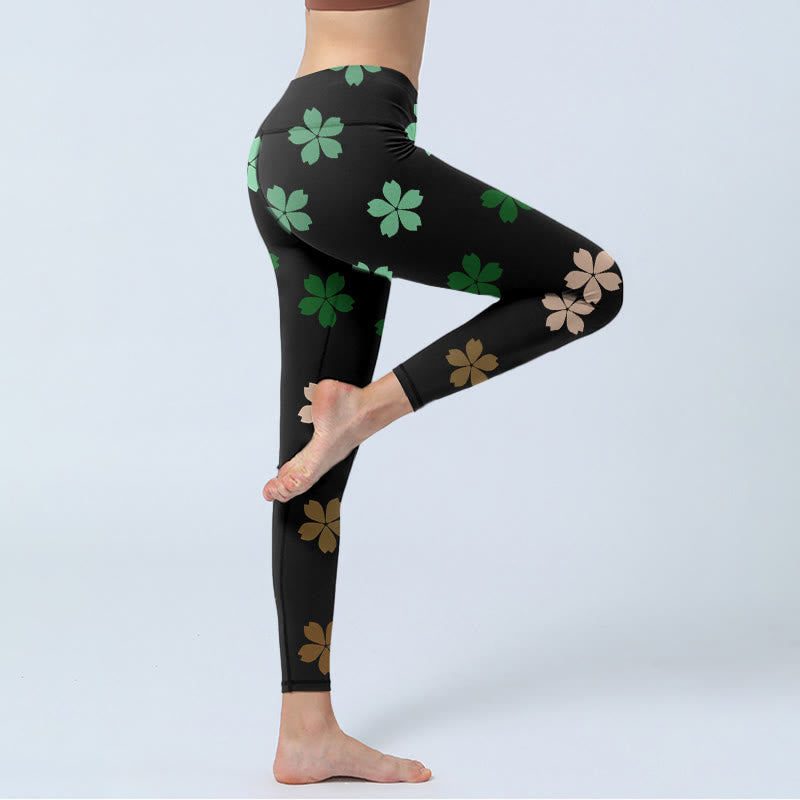 Leggings de sport à imprimé fleurs à cinq pétales vert et rose Buddha Stones pour femme - image 4