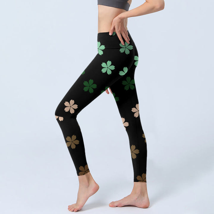 Leggings de sport à imprimé fleurs à cinq pétales vert et rose Buddha Stones pour femme - image 3
