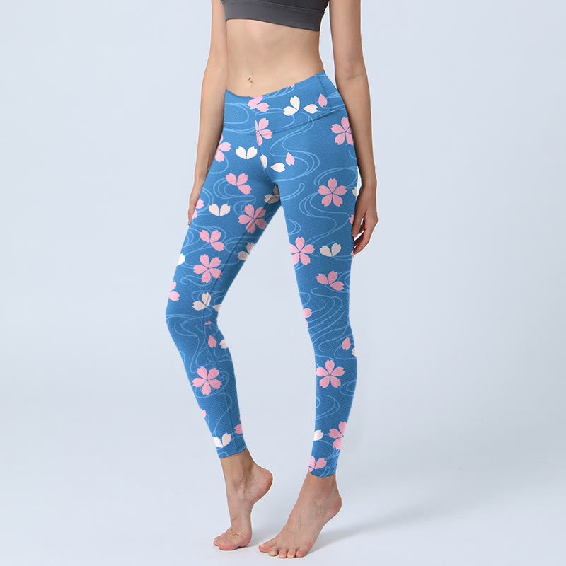 Leggings de sport imprimés Buddha Stones et fleurs de cerisier roses pour femme - Bleu ciel clair - US18，UK/AU22，EU50 (4XL) - image 0