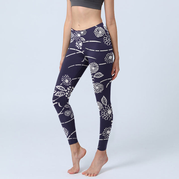 Leggings de sport à imprimé chrysanthèmes et Buddha Stones pour femme - Noir - US18，UK/AU22，EU50 (4XL) - image 0