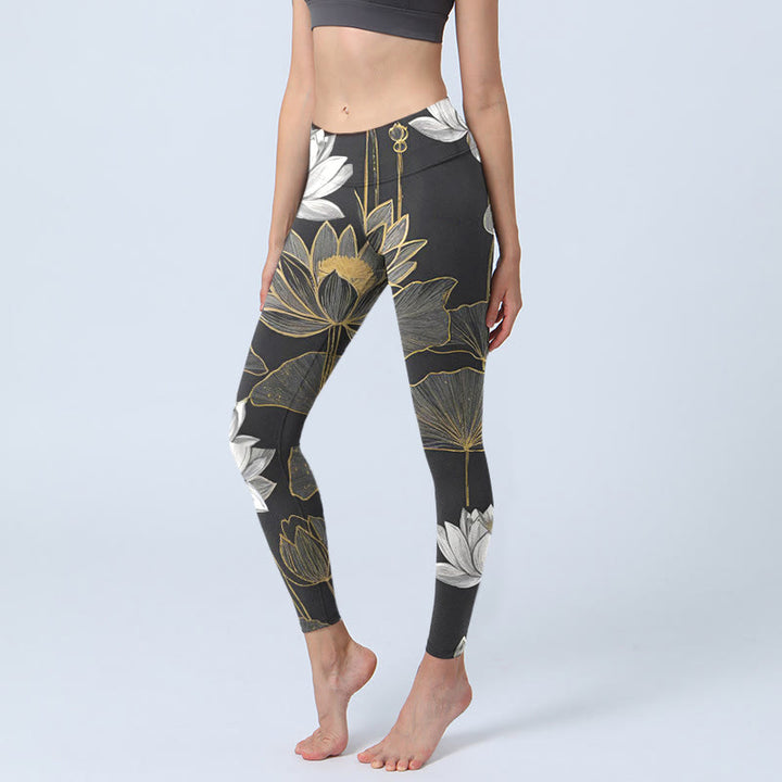 Leggings de sport à imprimé feuilles de lotus blanches et dorées Buddha Stones pour femme, pantalon de yoga - Noir - US18，UK/AU22，EU50 (4XL) - image 0