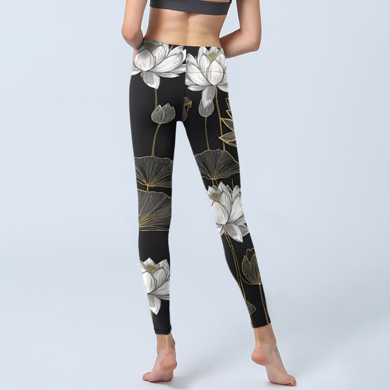 Leggings de sport à imprimé feuilles de lotus blanches et dorées Buddha Stones pour femme, pantalon de yoga - image 7