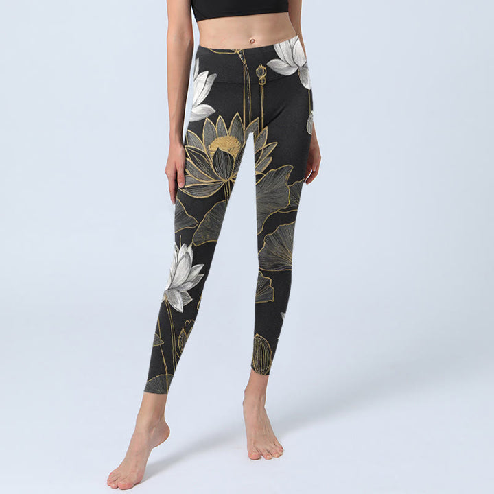 Leggings de sport à imprimé feuilles de lotus blanches et dorées Buddha Stones pour femme, pantalon de yoga - image 6