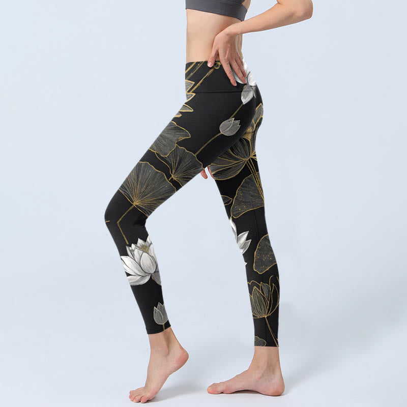 Leggings de sport à imprimé feuilles de lotus blanches et dorées Buddha Stones pour femme, pantalon de yoga - image 3