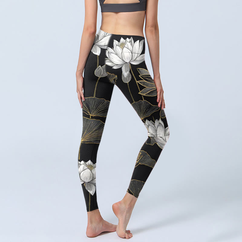 Leggings de sport à imprimé feuilles de lotus blanches et dorées Buddha Stones pour femme, pantalon de yoga - image 5