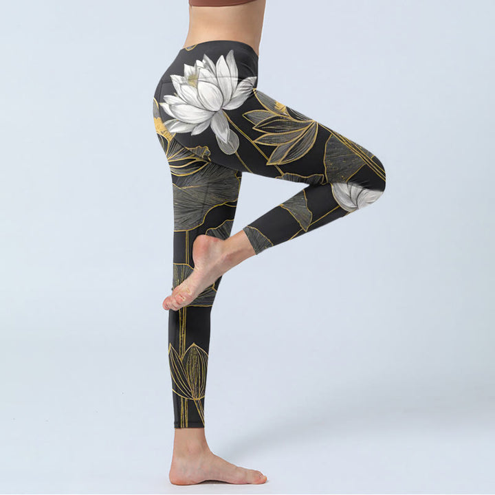 Leggings de sport à imprimé feuilles de lotus blanches et dorées Buddha Stones pour femme, pantalon de yoga - image 3