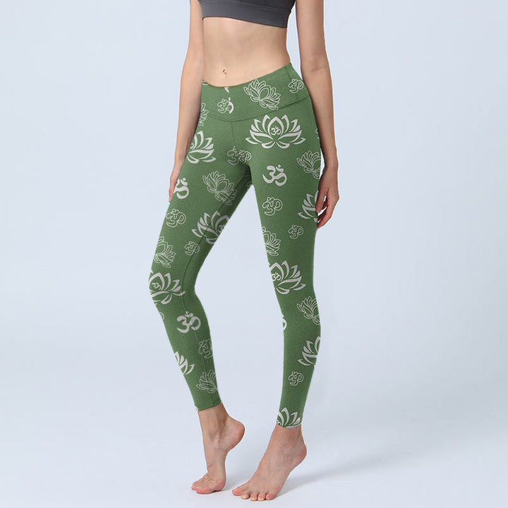 Leggings de sport imprimés Buddha Stones, fleur de lotus et symbole OM, pantalons de yoga pour femmes - Vert foncé - US18，UK/AU22，EU50 (4XL) - image 0