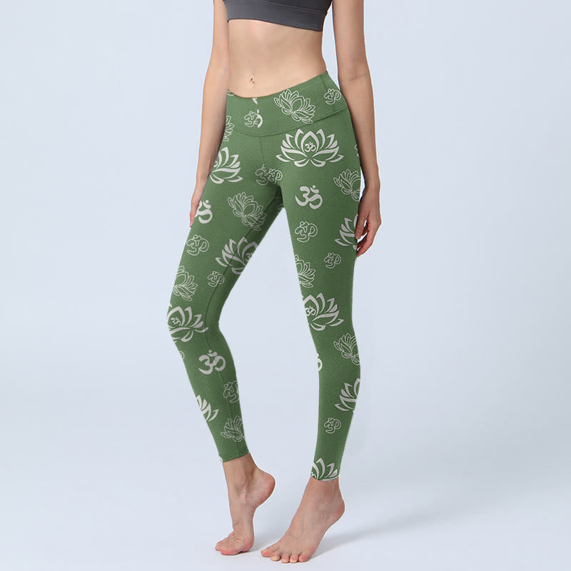 Leggings de sport imprimés Buddha Stones, fleur de lotus et symbole OM, pantalons de yoga pour femmes - Vert foncé - US18，UK/AU22，EU50 (4XL) - image 1