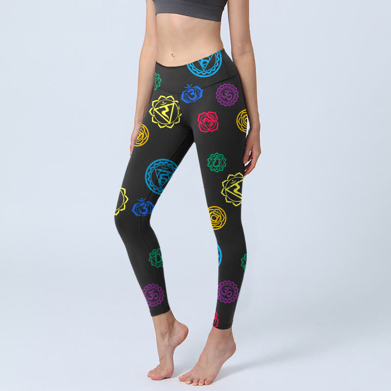 Leggings de sport à imprimé géométrique Buddha Stones et symbole OM sanskrit pour femme - Noir - US18，UK/AU22，EU50 (4XL) - image 1