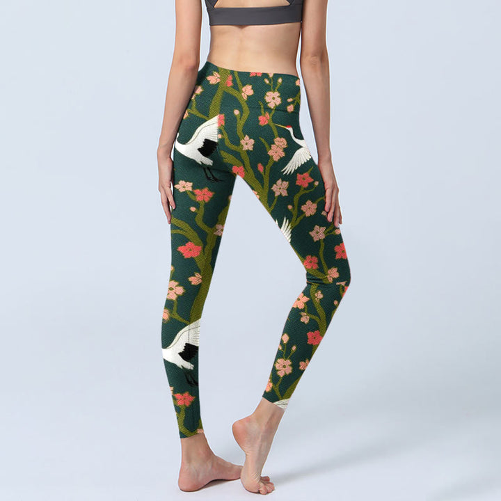 Leggings de sport imprimés Buddha Stones, grues à couronne rouge et rouge, fleurs orange et arbres, pantalons de yoga pour femmes - image 5