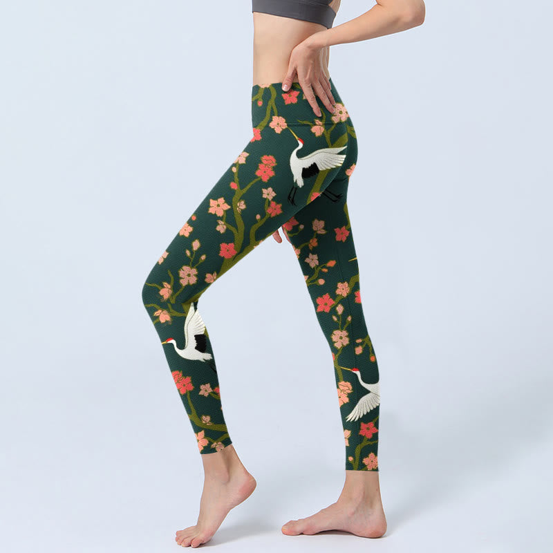 Leggings de sport imprimés Buddha Stones, grues à couronne rouge et rouge, fleurs orange et arbres, pantalons de yoga pour femmes - image 3