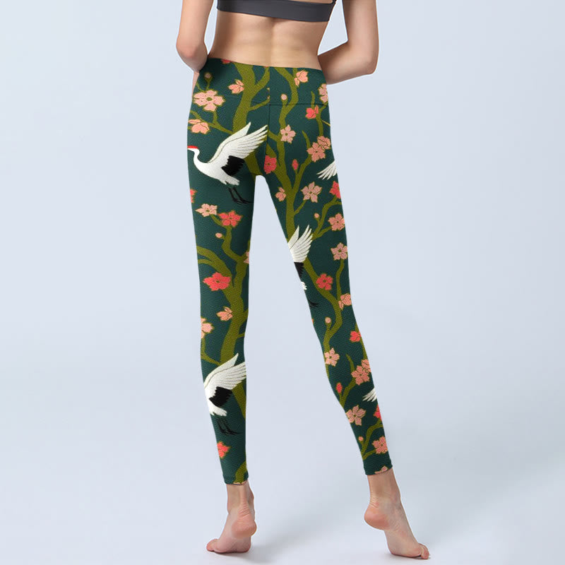 Leggings de sport imprimés Buddha Stones, grues à couronne rouge et rouge, fleurs orange et arbres, pantalons de yoga pour femmes - image 7