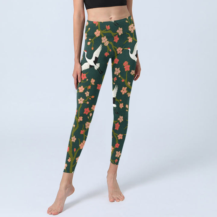 Leggings de sport imprimés Buddha Stones, grues à couronne rouge et rouge, fleurs orange et arbres, pantalons de yoga pour femmes - image 6