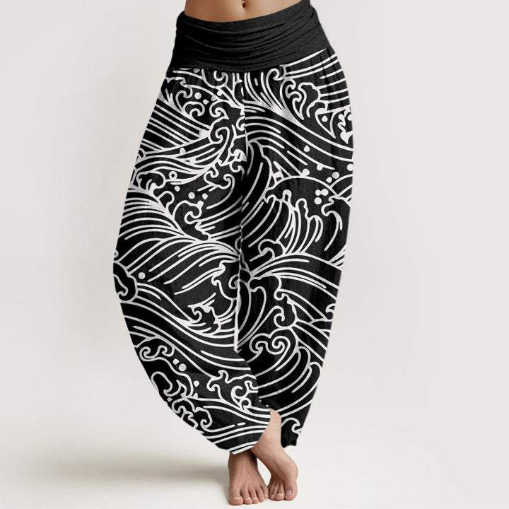 Pantalon harem à taille élastique pour femme, en coton à motif vagues et Buddha Stones - Noir - US22，UK/AU26，EU54 (6XL) - image 0