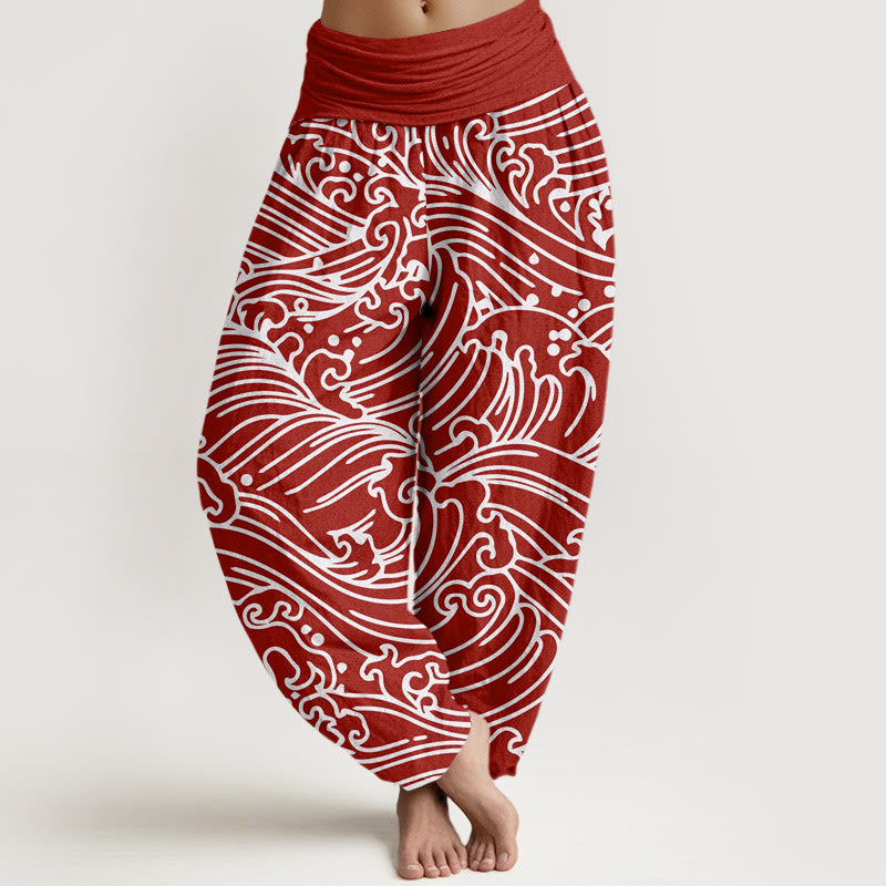 Pantalon sarouel à taille élastique pour femme, motif vagues et Buddha Stones - Cramoisi - US22，UK/AU26，EU54 (6XL) - image 4