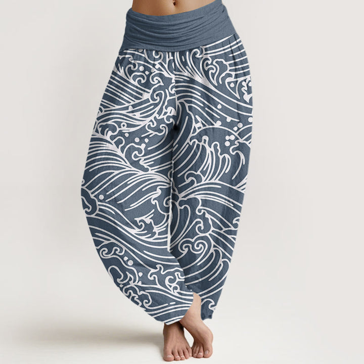 Pantalon harem à taille élastique pour femme, en coton à motif vagues et Buddha Stones - Bleu acier clair - US22，UK/AU26，EU54 (6XL) - image 7