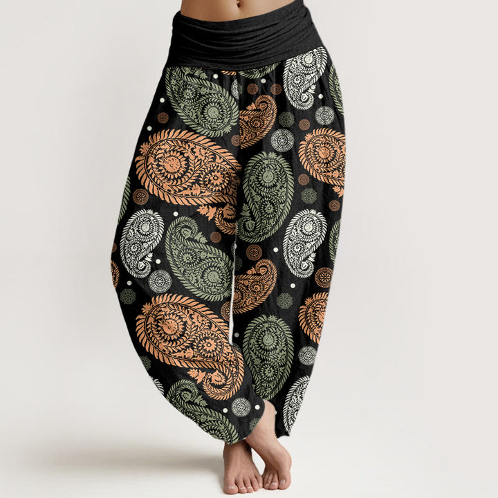 Pantalon sarouel à taille élastique pour femme, motif Buddha Stones, cajou, feuilles, vignes, tournesols - Noir - US22，UK/AU26，EU54 (6XL) - image 1