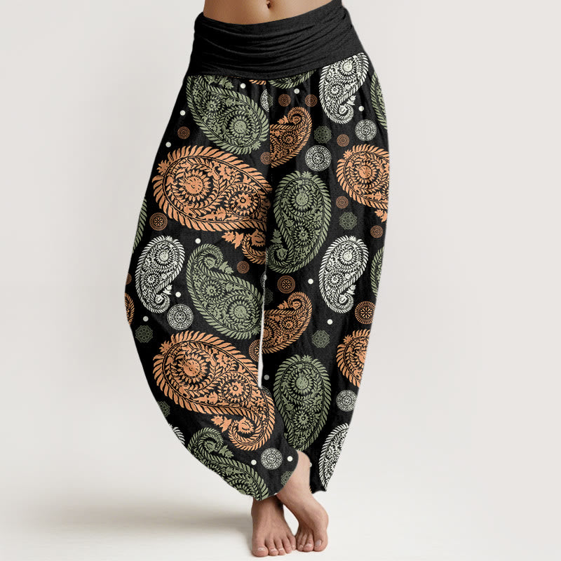 Pantalon harem à taille élastique pour femme, motif Buddha Stones, coton, noix de cajou, fleurs, feuilles et tournesols - Noir - US22，UK/AU26，EU54 (6XL) - image 0