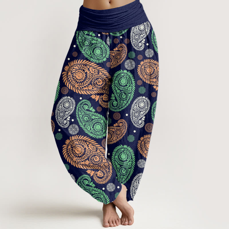 Pantalon sarouel à taille élastique pour femme, motif Buddha Stones, cajou, feuilles, vignes, tournesols - Marine - US22，UK/AU26，EU54 (6XL) - image 8