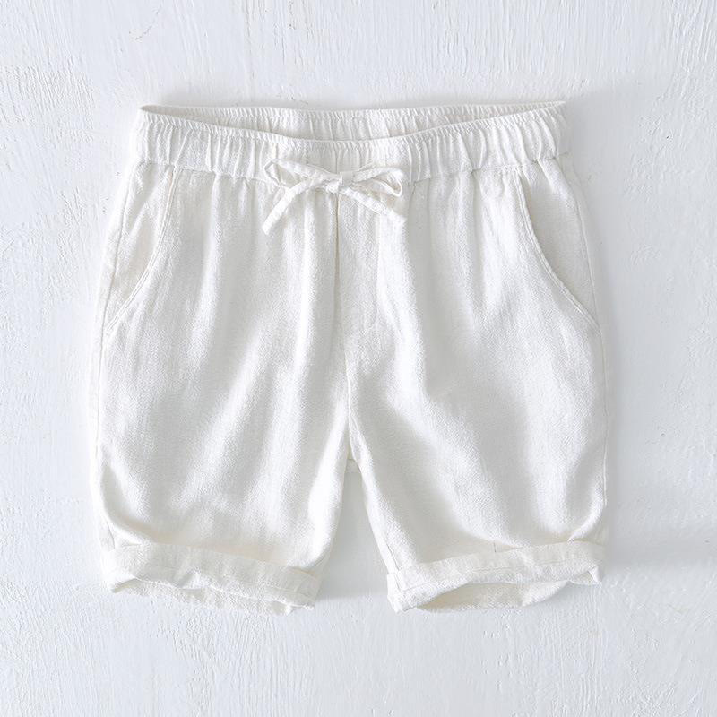 Short d'été pour homme en ramie, lin et coton, couleur unie, avec cordon de serrage et taille élastique, orné de Buddha Stones et doté de poches. - Blanc - US/UK/AU44，EU54 (4XL) - image 5