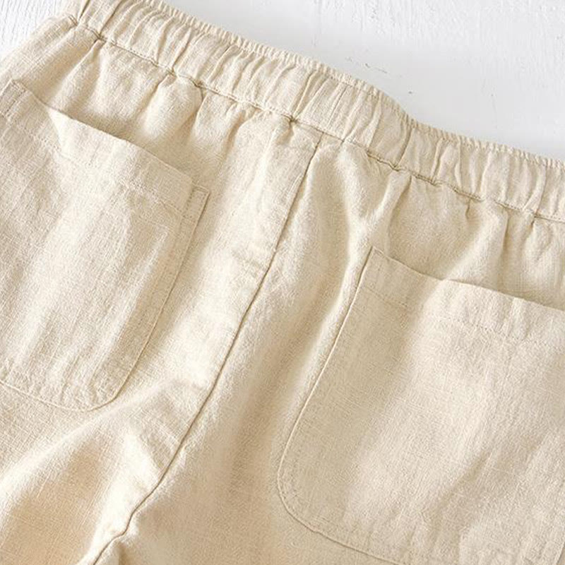 Short d'été en coton et lin pour homme, couleur unie, Buddha Stones cordon de serrage et taille élastique, avec poches - image 2