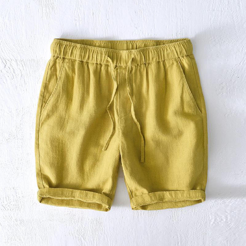 Short d'été pour homme en ramie, lin et coton, couleur unie, avec cordon de serrage et taille élastique, orné de Buddha Stones et doté de poches. - JauneVert - US/UK/AU44，EU54 (4XL) - image 10