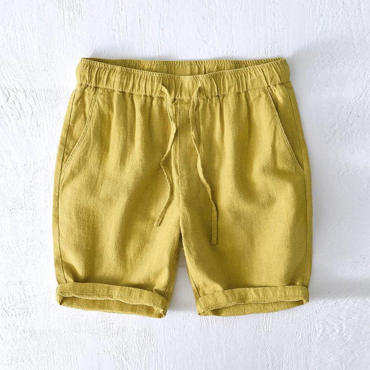 Short d'été pour homme en ramie, lin et coton, couleur unie, avec cordon de serrage et taille élastique, orné de Buddha Stones et doté de poches. - JauneVert - US/UK/AU44，EU54 (4XL) - image 10