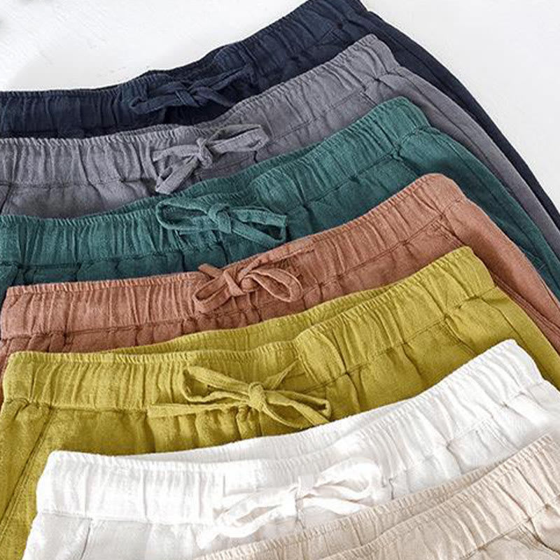 Short d'été pour homme en ramie, lin et coton, couleur unie, avec cordon de serrage et taille élastique, orné de Buddha Stones et doté de poches. - image 39