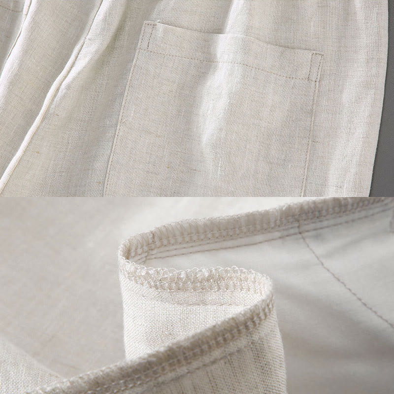 Short d'été en lin pour homme avec poches et cordon de serrage, couleur unie, motif Buddha Stones - image 7